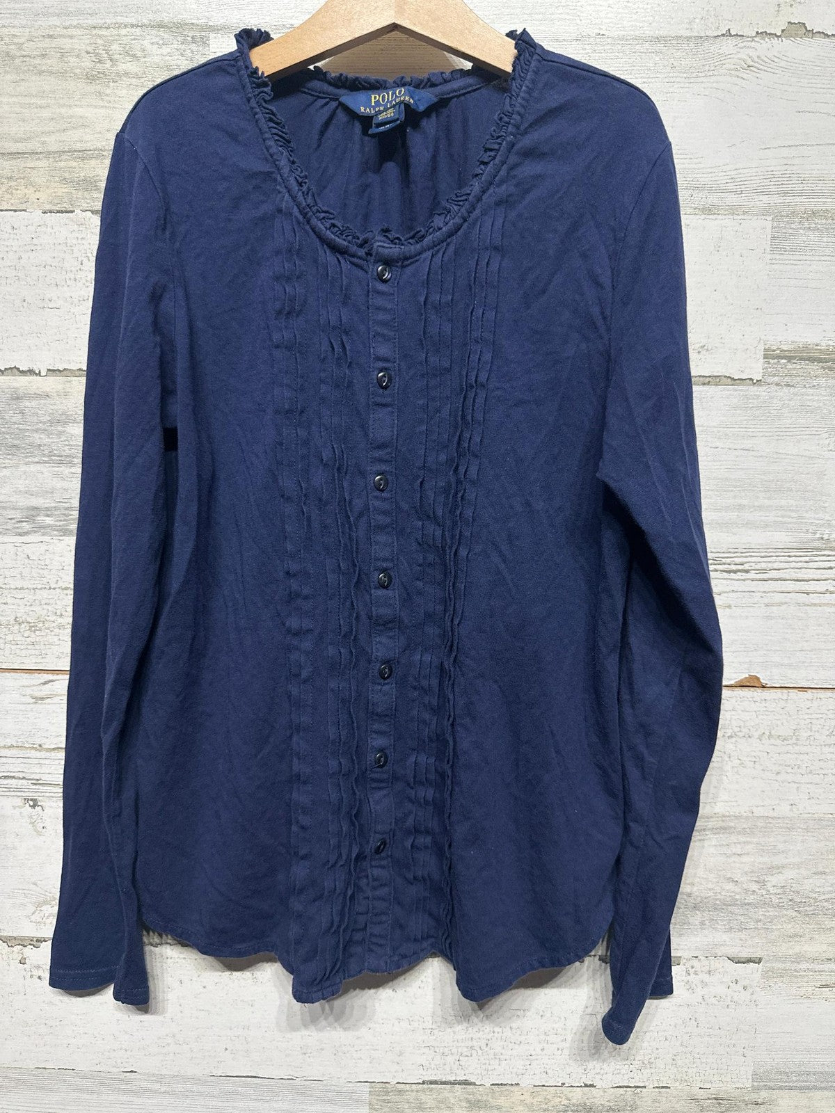 Polo Ralph Lauren Button Down Girls XL 16 Navy Blue Ruffle Trim Top EUC0