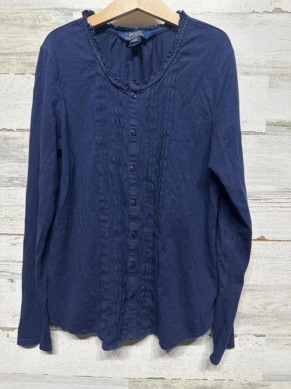 Polo Ralph Lauren Button Down Girls XL 16 Navy Blue Ruffle Trim Top EUC0