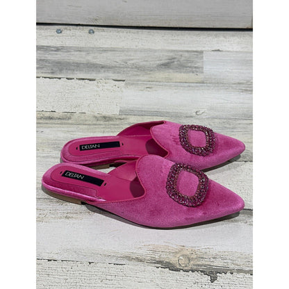 Deltan Mules Women Size 9 Fuchsia Pink Velvet Rhinestone Buckle Pointed Toe EUC0