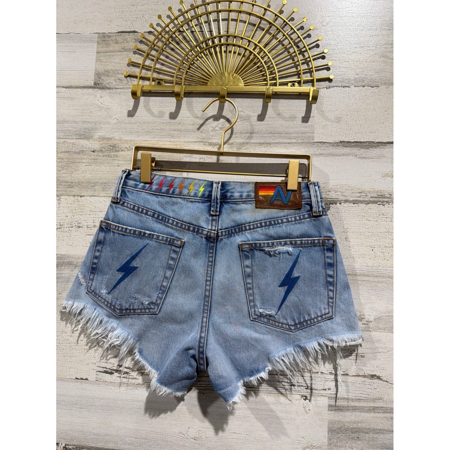 Aviation Nation Denim Shorts Women 24 Blue Distressed Patch Lightning Bolt*4