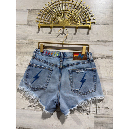 Aviation Nation Denim Shorts Women 24 Blue Distressed Patch Lightning Bolt*4