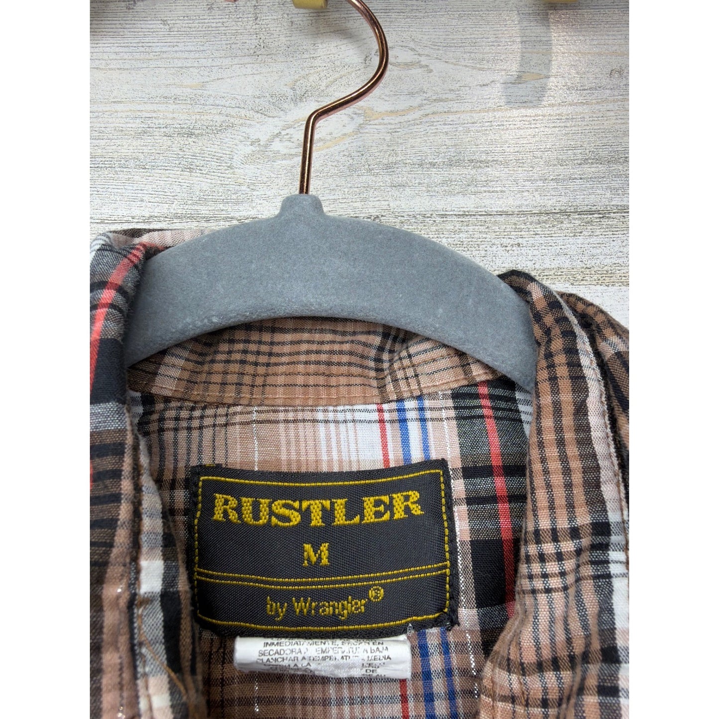 Rustler Pearl Snap Shirt Boys Medium Brown Plaid Silver Accent Westerncore EUC2