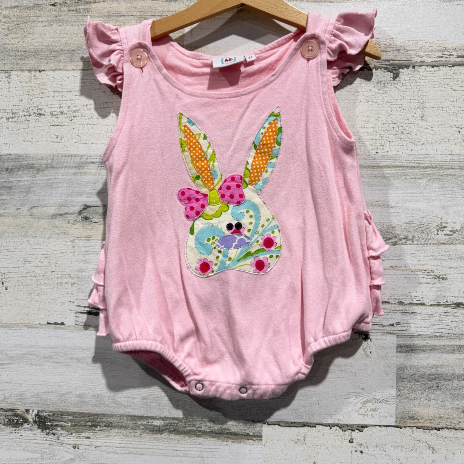 AE Romper Girls 2T Pink Bunny Patchwork Ruffle Easter Spring0