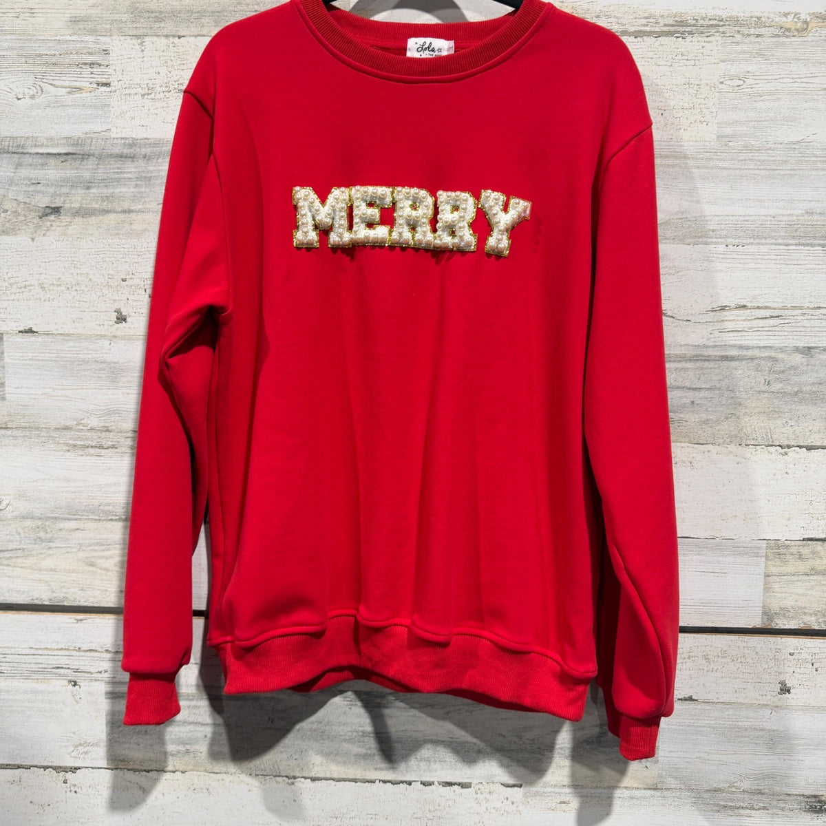 Lola + The Boys Merry Sweatshirt Women Large Red Pearl Holiday Festive EUC0