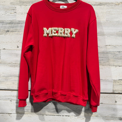 Lola + The Boys Merry Sweatshirt Women Large Red Pearl Holiday Festive EUC0