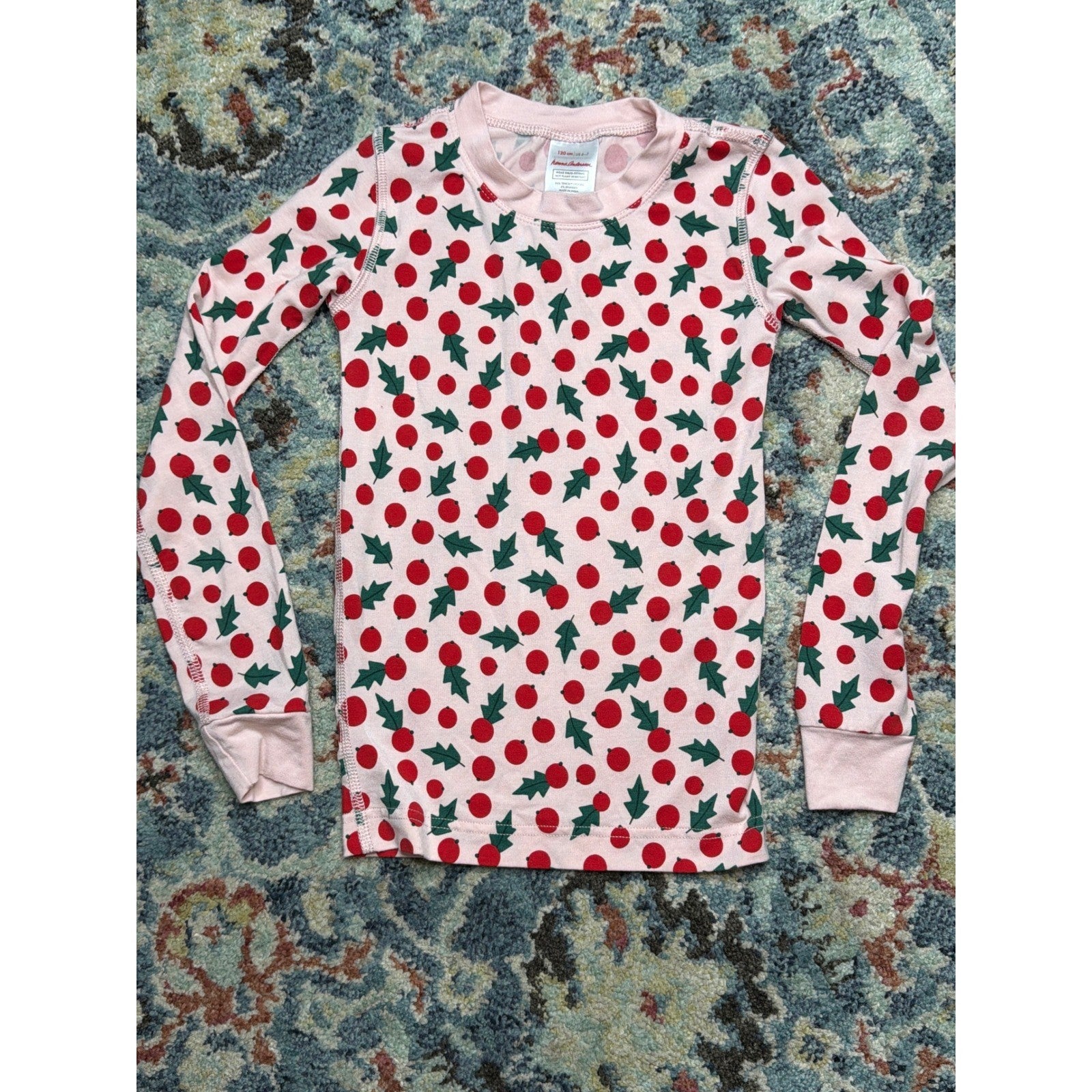 Hanna Andersson PJ Set Girls Size 6-7 Top / Size 8 Pants Holly Berry Soft EUC3