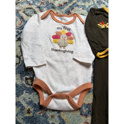 Kickee Pants Chick Pea Romper Bodysuit Boys 6-9M Brown White Thanksgiving EUC1
