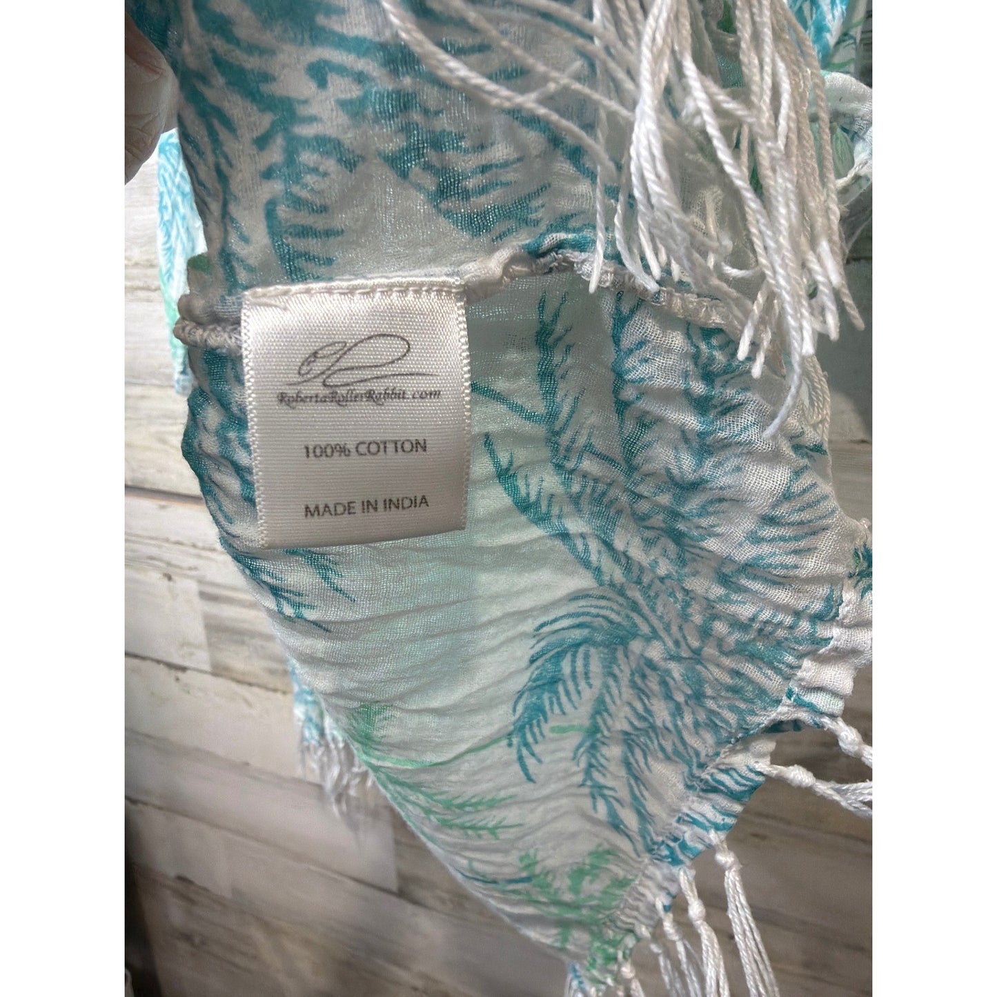 Roller Rabbit Tunic Cover Up Women Large White Blue Palm Tree Boho Fringe EUC2