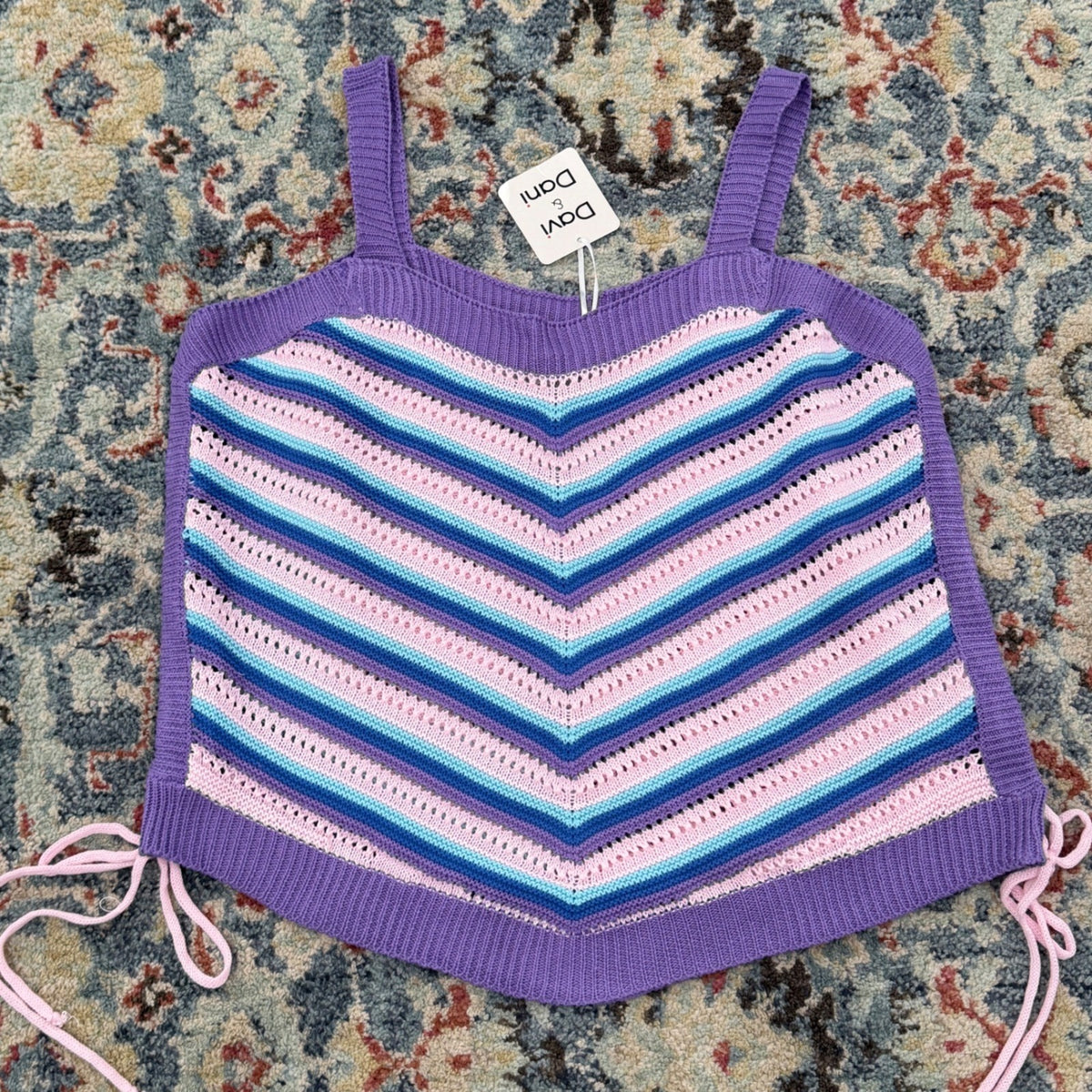 Davi & Dani Knit Tank Top Women XL Purple Chevron Lace Up Boho NWT0