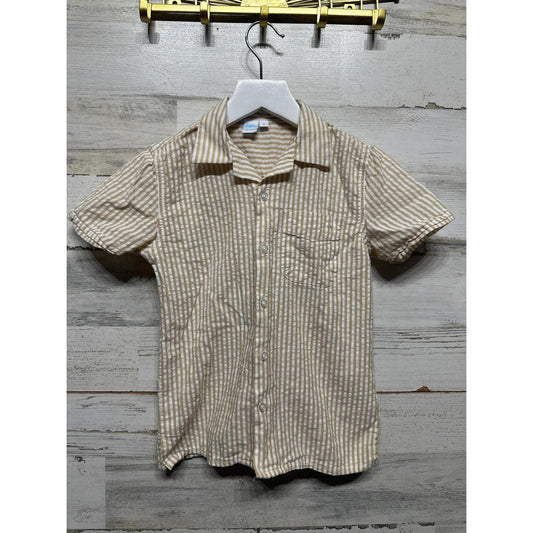 Vatpave Button Down Shirt Boys Size 6 Tan White Striped Short Sleeve EUC0