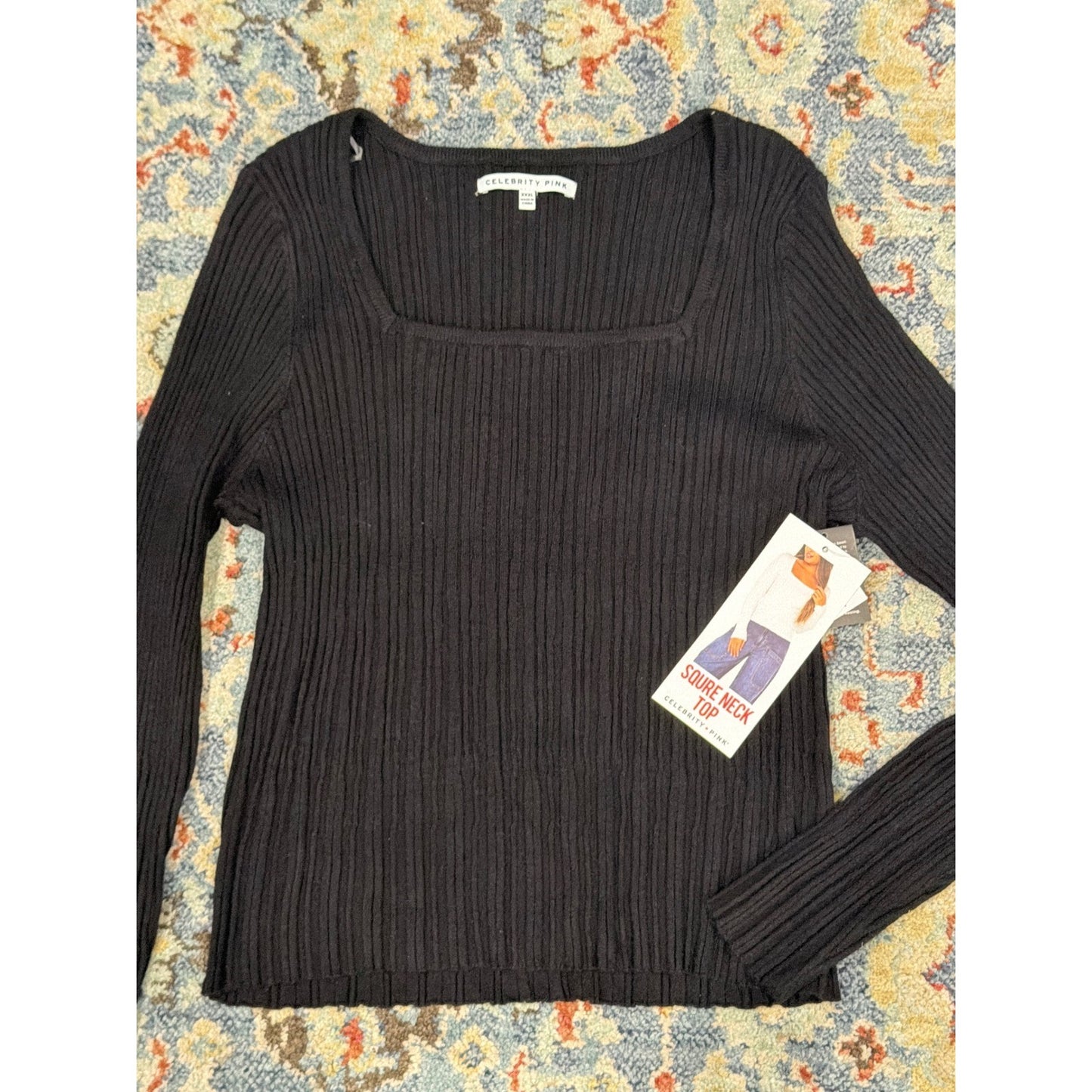 Celebrity Pink Square Neck Top Women XXXL Black Ribbed Knit Casual NWT0