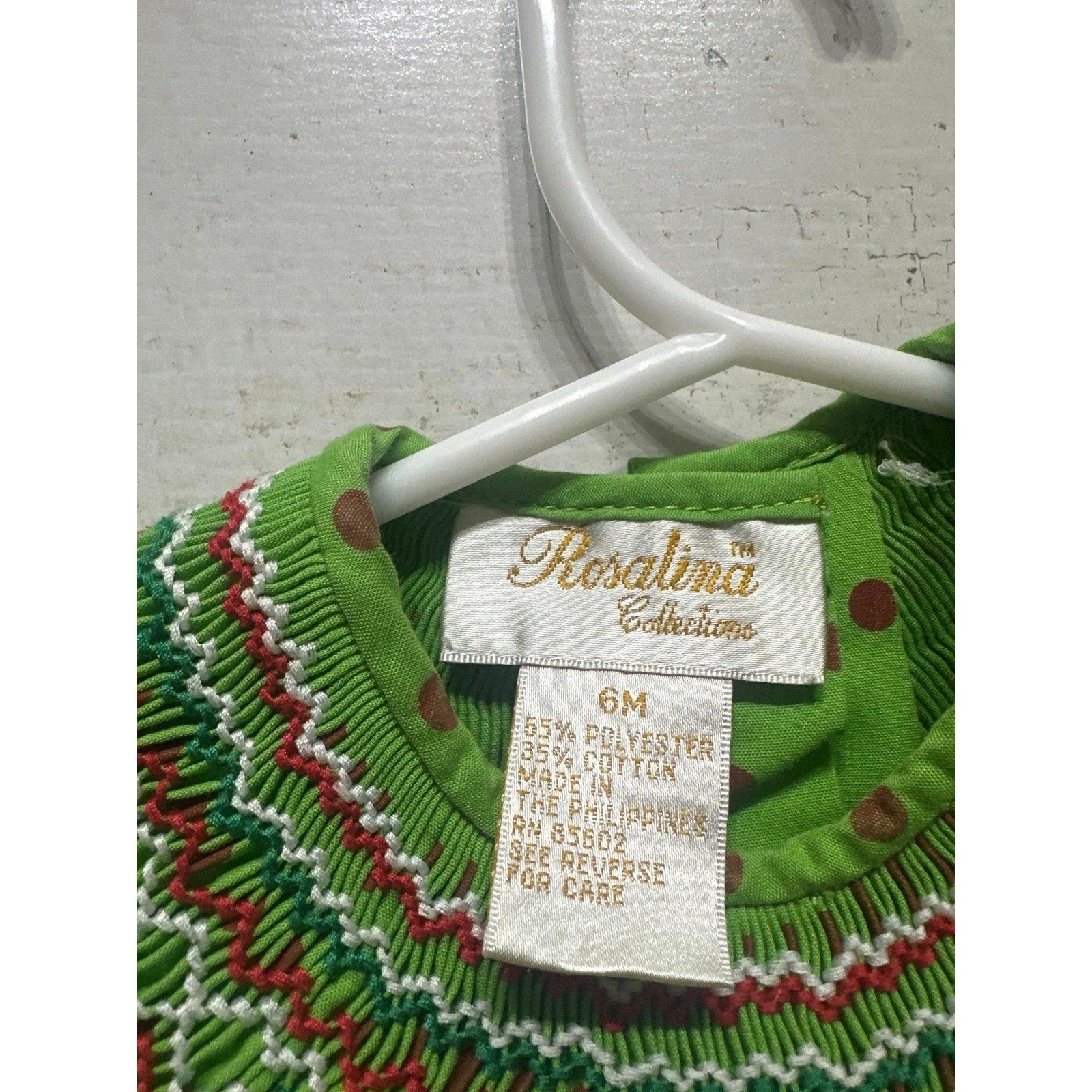 Rosalina Smocked Dress Girls 6M Green Polka Dot Floral Embroidery EUC1