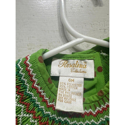 Rosalina Smocked Dress Girls 6M Green Polka Dot Floral Embroidery EUC1