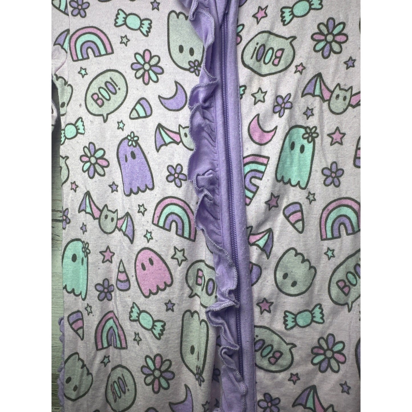 Little Snuggles Sleeper Kids 9-12M Purple Ghost Rainbow Ruffle Bamboo1