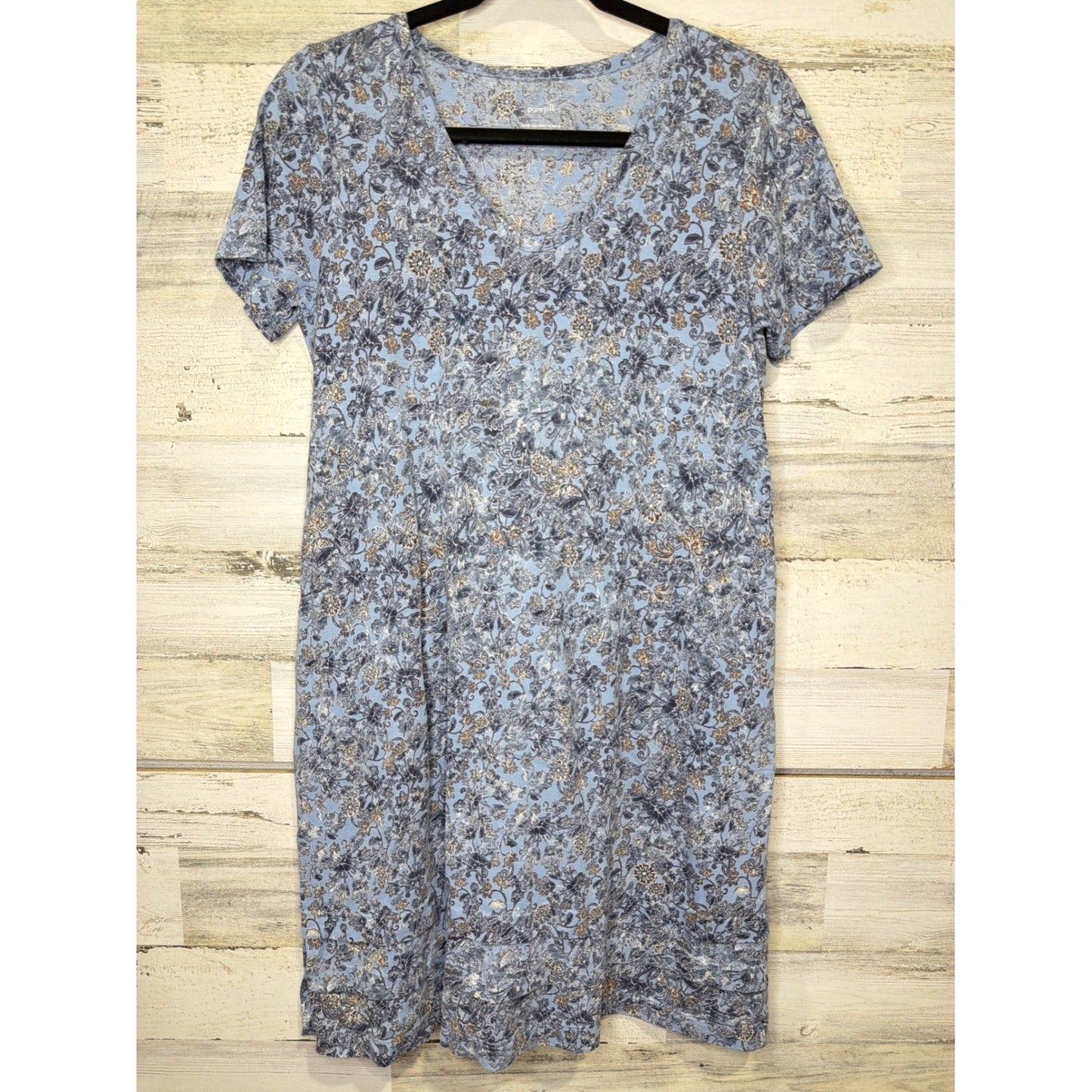 Pure Jill T-Shirt Dress Women XS Blue Floral V-Neck Cotton Lagenlook EUC0
