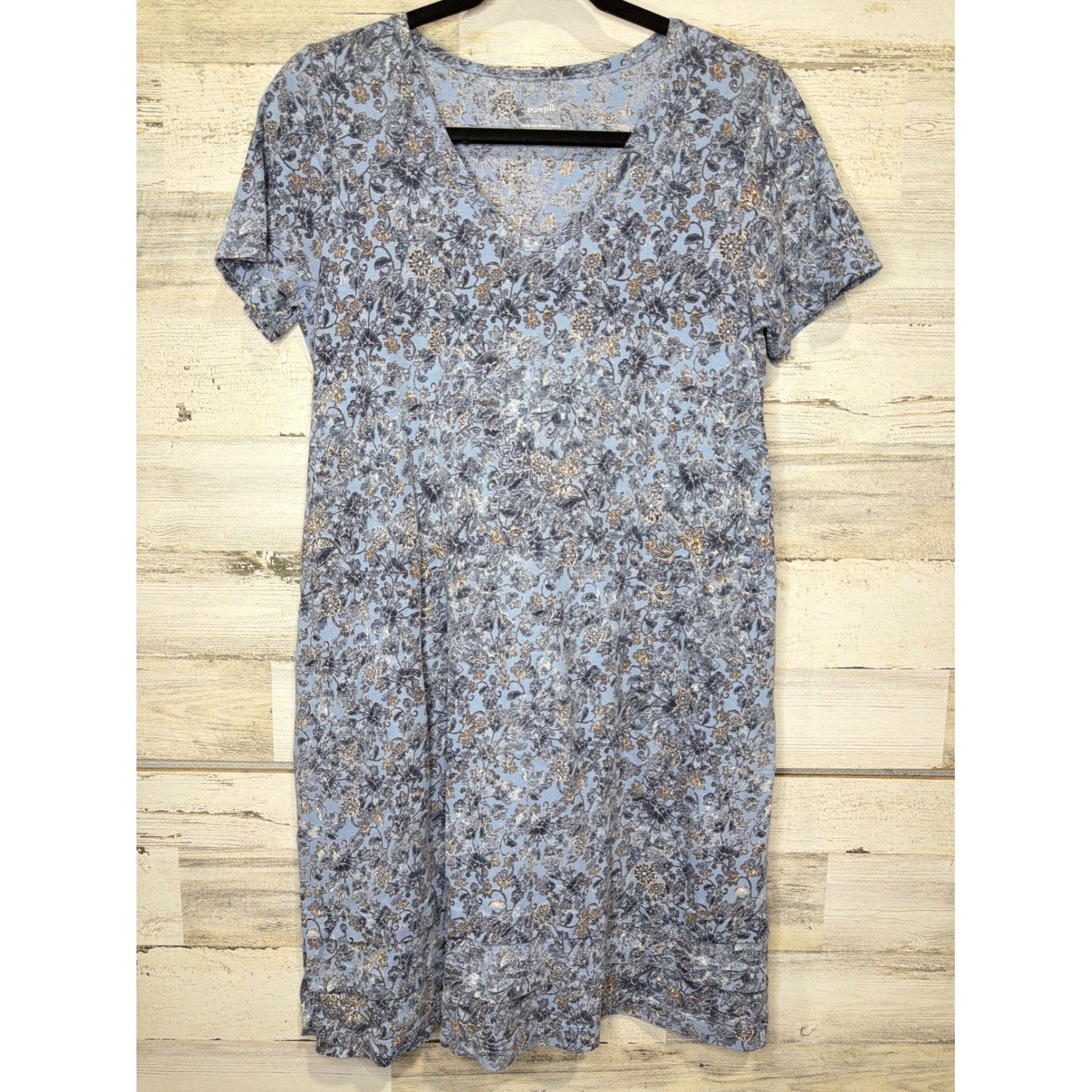 Pure Jill T-Shirt Dress Women XS Blue Floral V-Neck Cotton Lagenlook EUC0