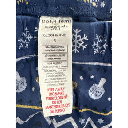 Petit Lem Pajama Set Boys 5 Navy Hanukkah Fair Isle Organic Cotton EUC2