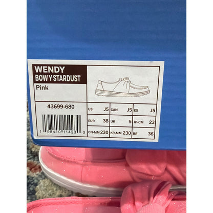 Hey Dude Wendy Bow Stardust Girls Size J5 Pink Glitter Slip On Moccasin NWT6
