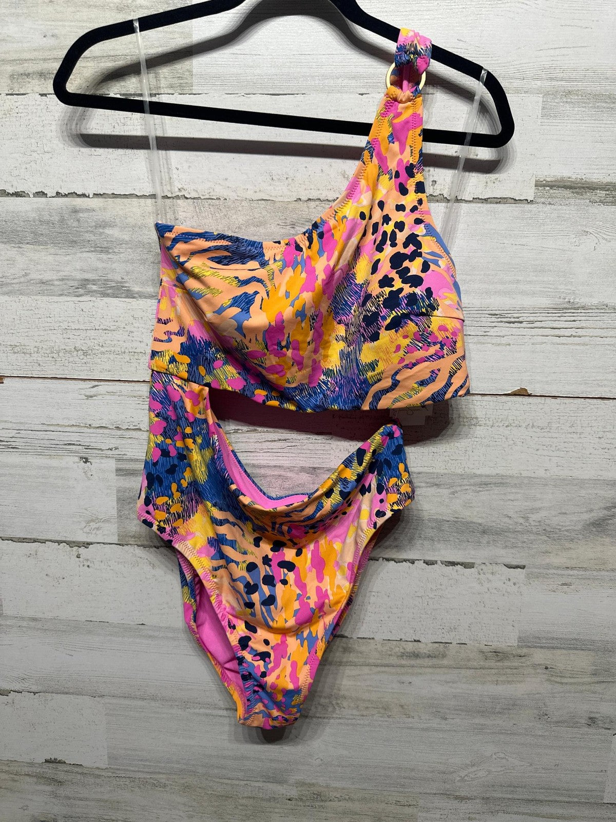 Jessica Simpson Women XL Lip Gloss Pink Abstract One Shoulder Swimsuit NWT0