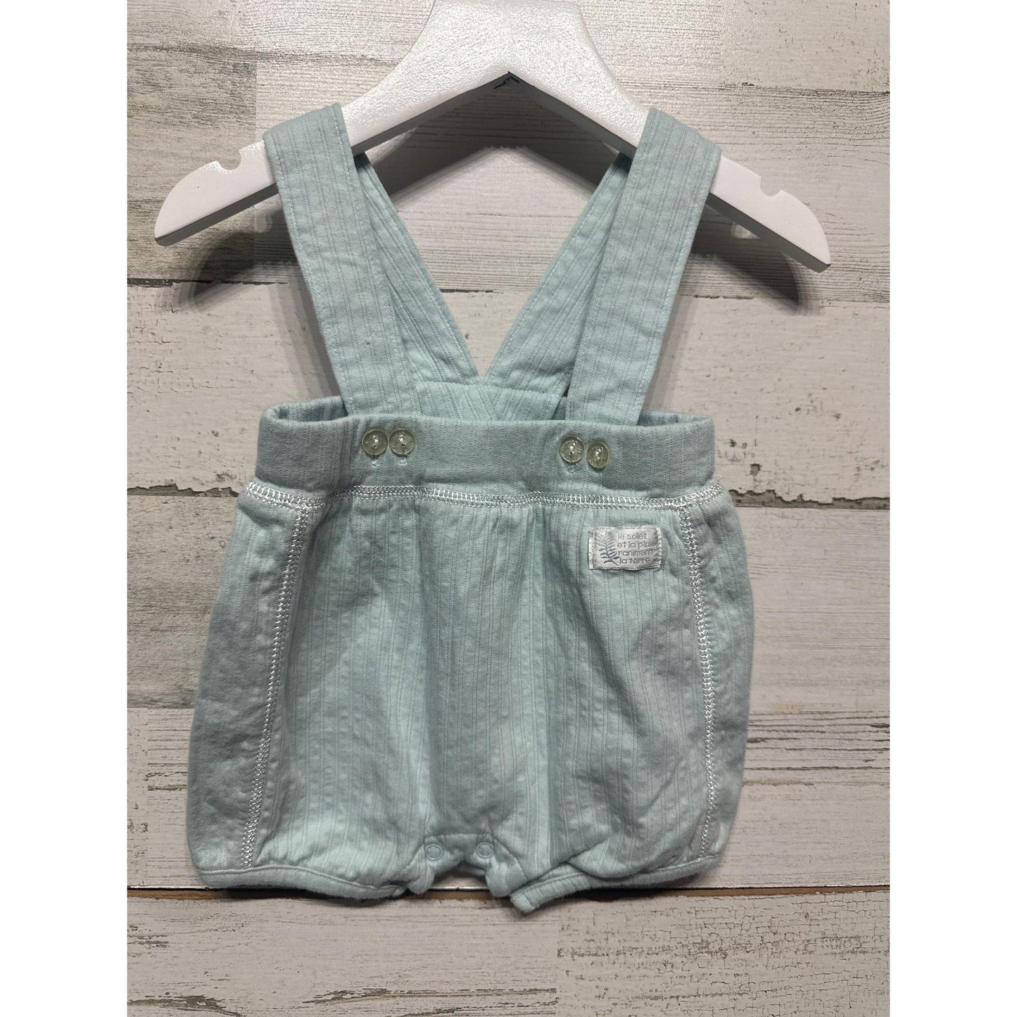 Lullaby Club Romper Boys 0-3M Seafoam Green Ribbed Knit Overalls EUC0