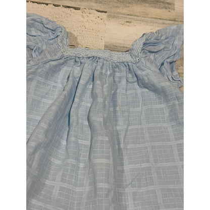Cat & Jack Flutter Sleeve Blouse Girls 6/7 Blue Windowpane Crochet Trim EUC1