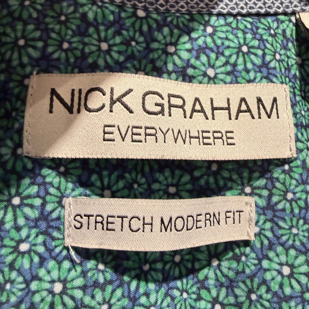 George Nick Graham Button Down Shirt Men 2XL Blue Green Print Cotton Poly EUC2