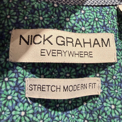 George Nick Graham Button Down Shirt Men 2XL Blue Green Print Cotton Poly EUC2