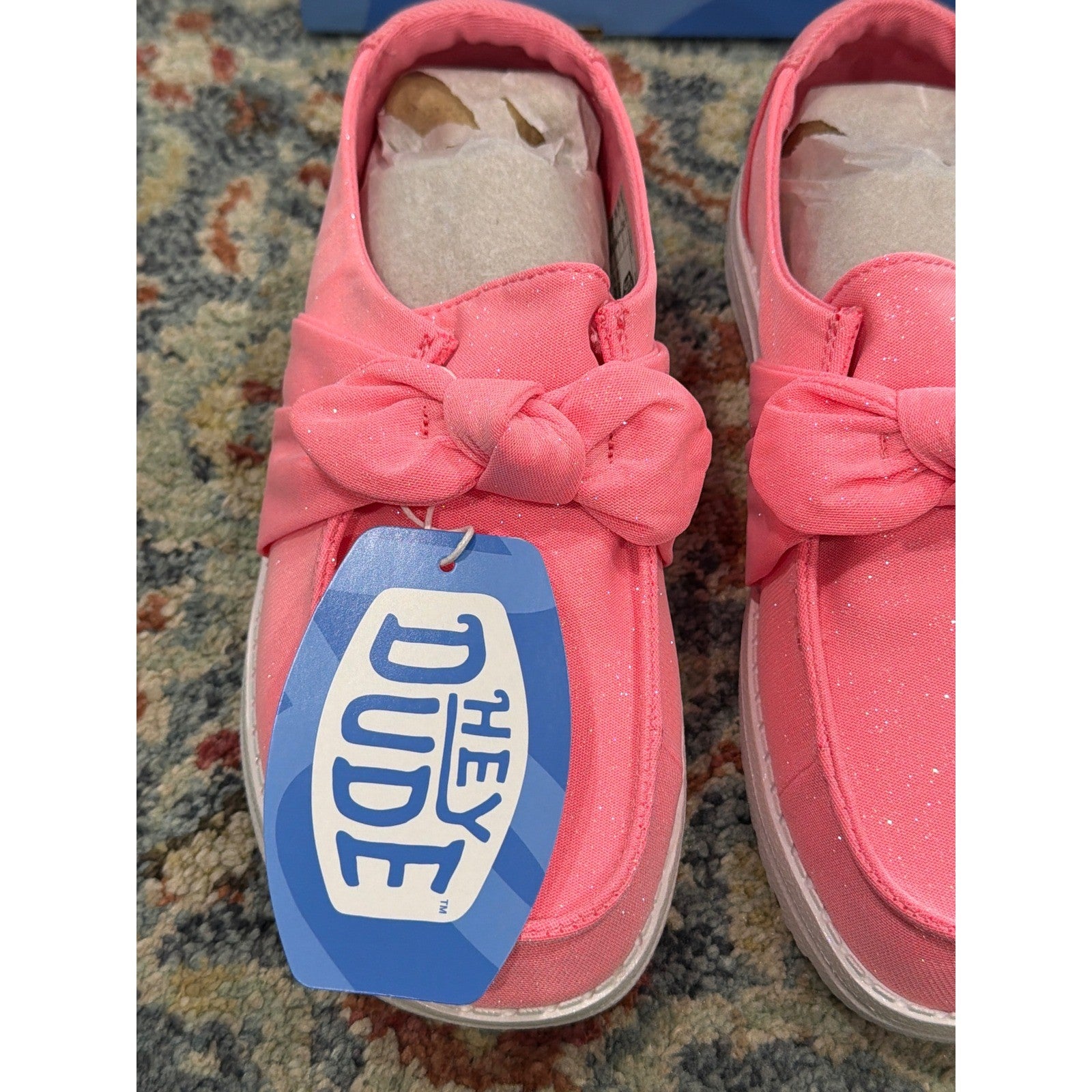 Hey Dude Wendy Bow Stardust Girls Size J5 Pink Glitter Slip On Moccasin NWT2