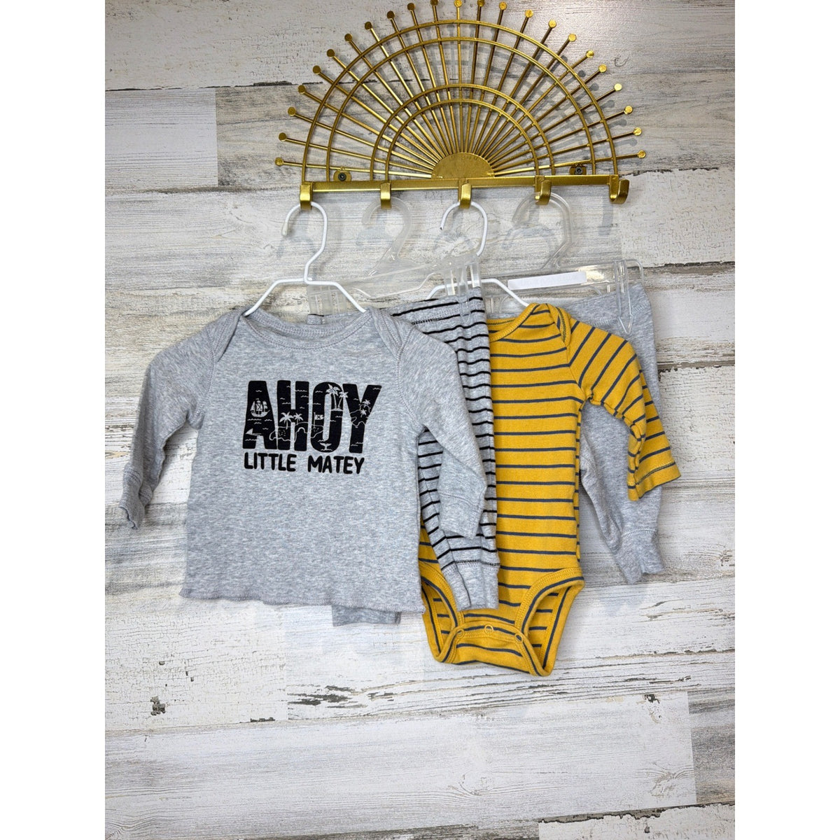 Carter's 4pc Outfit Set Boys 3 Months Gray Yellow Striped Nautical Coastal EUC0