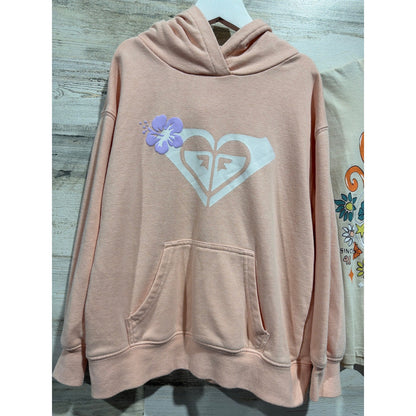 Roxy Volcom Hoodie T-Shirt Girls 7/8 Pink Cream Surf Skate Coastal EUC1