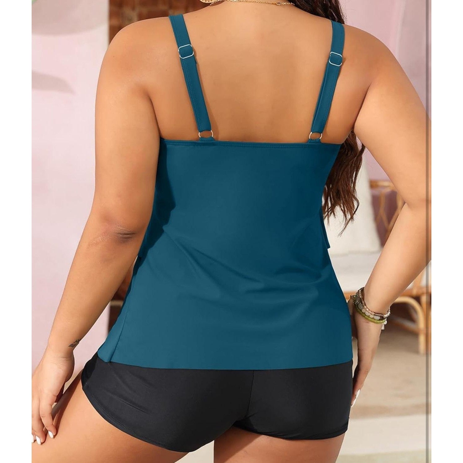 Yonique Tankini Swimsuit Women 16W Teal Black Ruffle Tummy Control NWT5