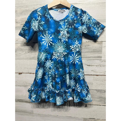 Little Dress Shoppe Skater Dress Girls 2 Blue Snowflake Ruffle Winter EUC0