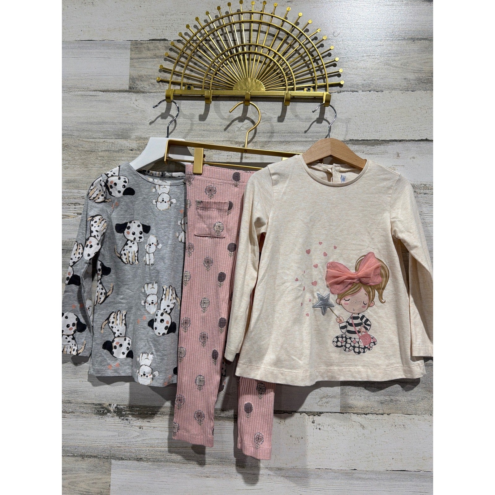 H&M Mayoral Easy Peasy Shirt Pants Girls 3T Gray Pink Dalmatian Floral NWT EUC0