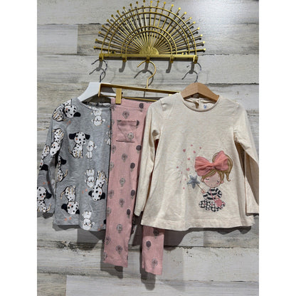 H&M Mayoral Easy Peasy Shirt Pants Girls 3T Gray Pink Dalmatian Floral NWT EUC0
