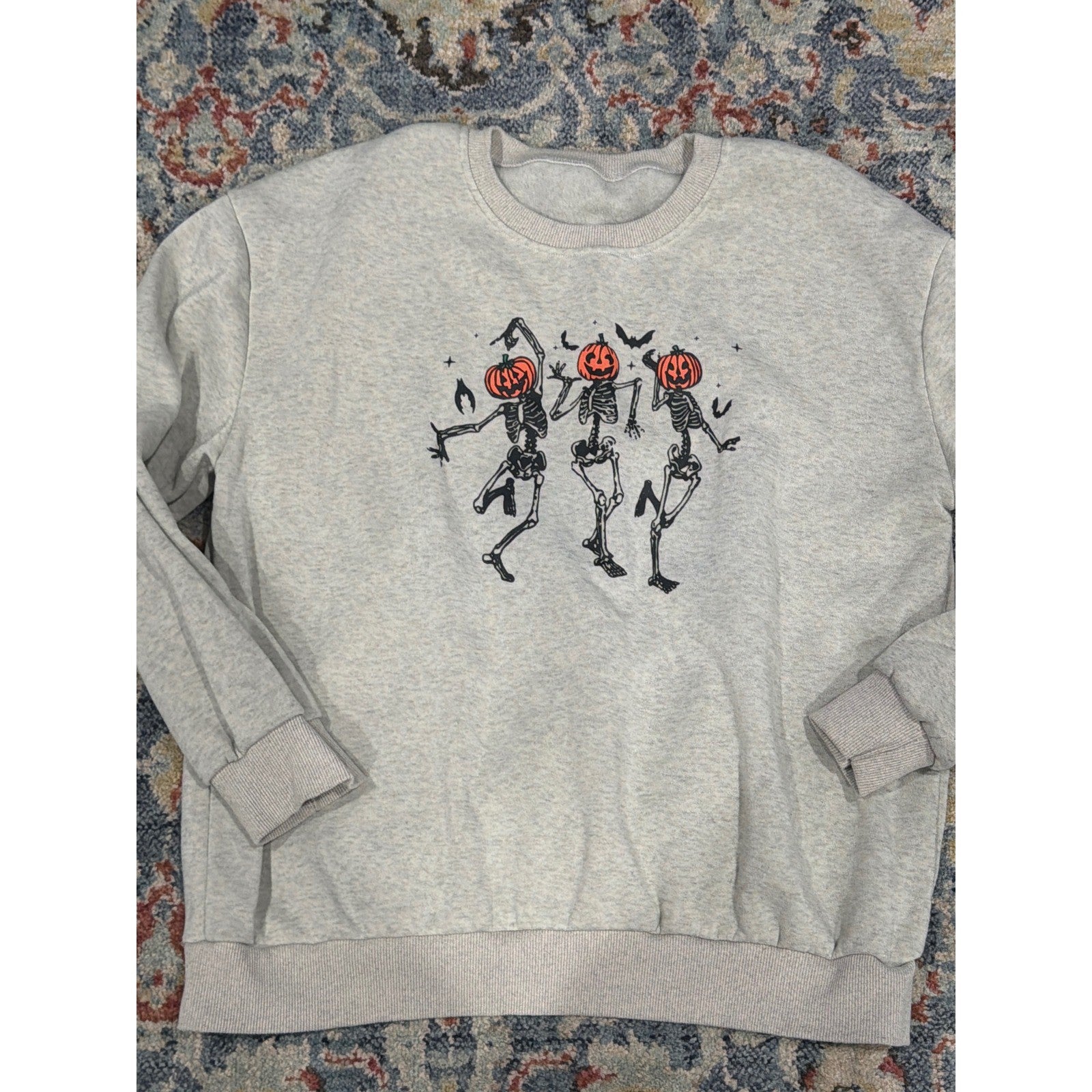 Pumpkin Sweatshirt Women XL Gray Skeleton Dancing Spooky Core Fall Halloween0