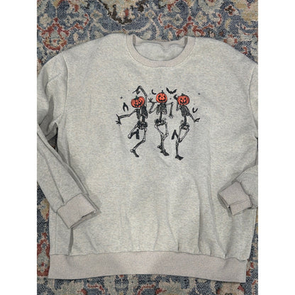 Pumpkin Sweatshirt Women XL Gray Skeleton Dancing Spooky Core Fall Halloween0