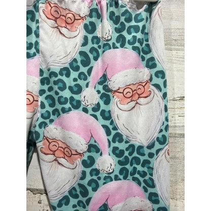 Boutique Santa Pajamas Girls 8-9 Teal Pink Leopard Print Holiday EUC4