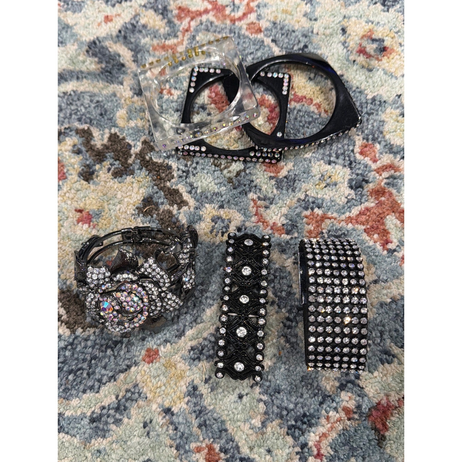Bracelet Bundle Women 6 Pieces Black Silver Rhinestone Y2K Glam1