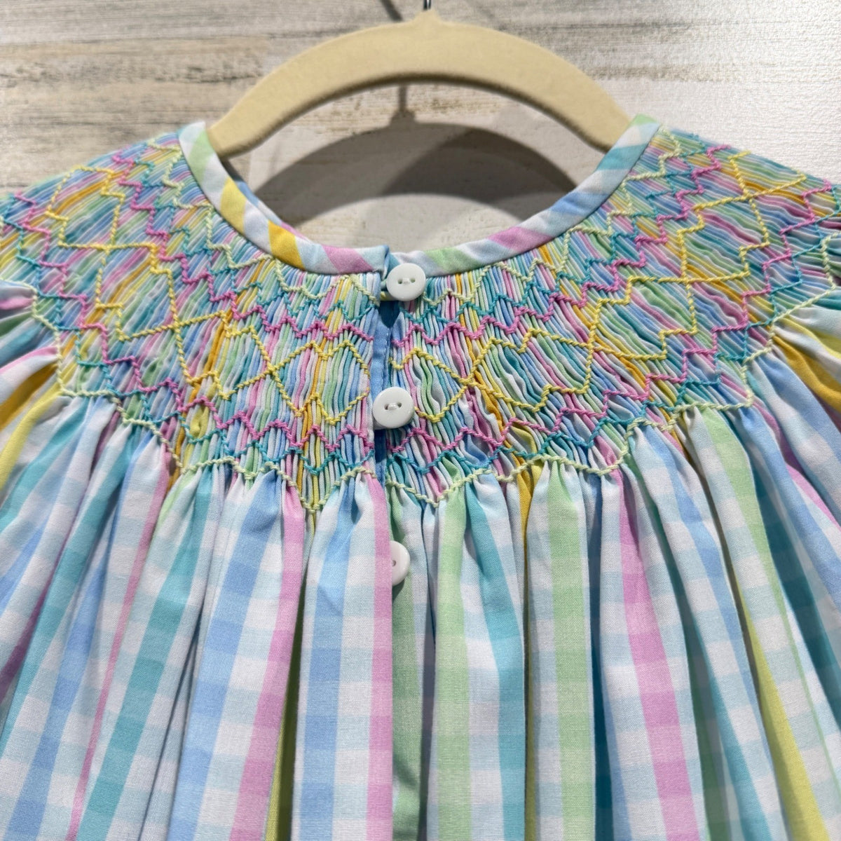 Nola Smocked Handmade Bishop Dress Girls 5T Pastel Gingham Plaid Southern6