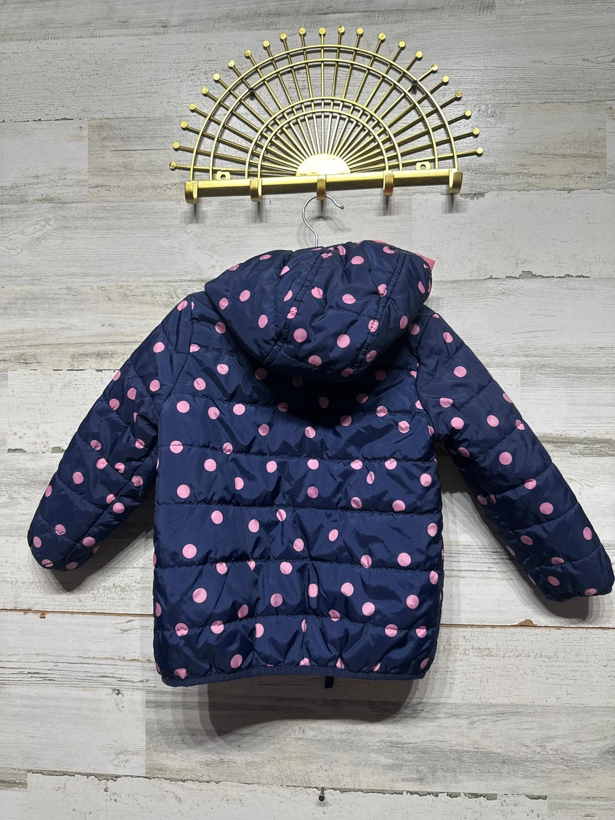 Carter's Puffer Jacket Girls 3T Navy Pink Polka Dot Hooded Zip Coat GUC*3