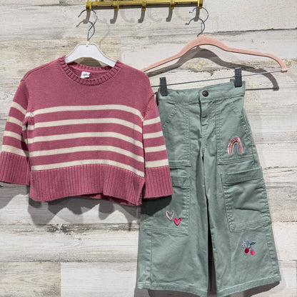 Gap Tucker + Tate Sweater Pants Set Girls 2-3 Pink Green Embroidered EUC0