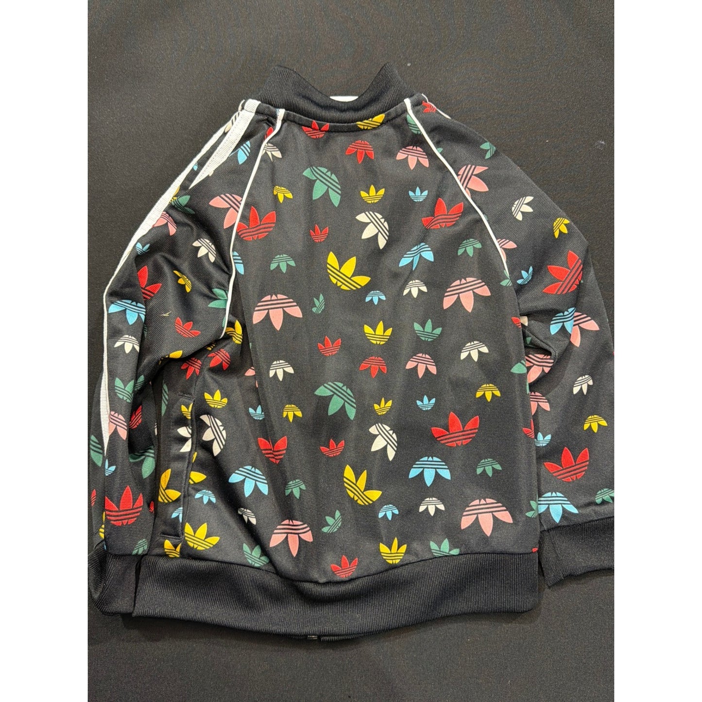 Adidas Track Jacket Girls 2T Black Multicolor Trefoil Monogram Athleisure EUC2