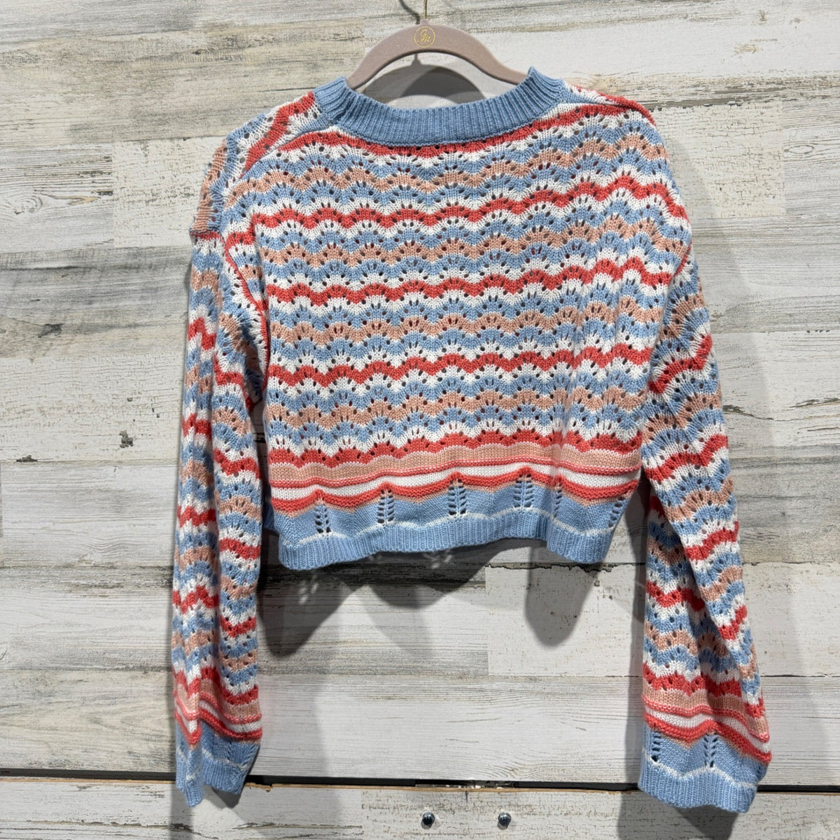 Chevron Pointelle Knit Sweater Women S Blue Multi Acrylic Boho EUC4