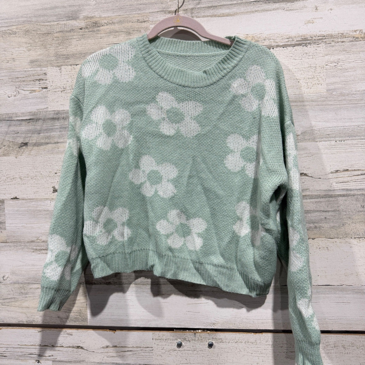 SHEIN Daisy Floral Knit Sweater Women S Green White Acrylic Retro0