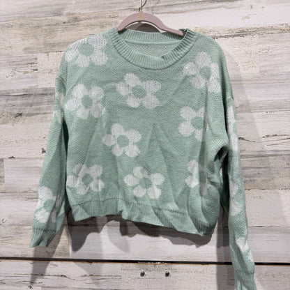SHEIN Daisy Floral Knit Sweater Women S Green White Acrylic Retro0