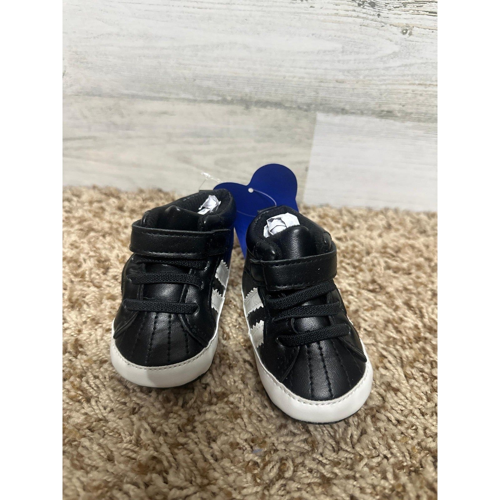 High Top Sneakers Baby Boy 6-12M Black White Striped Crib Shoes NWT1