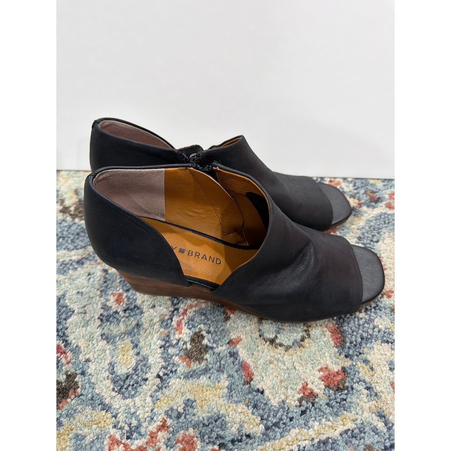 Lucky Brand Peep Toe Booties Women 7 Black Leather Block Heel Boho3