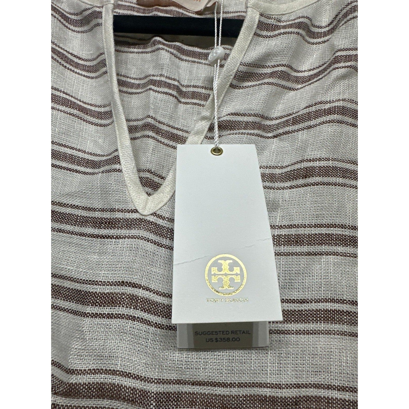 Tory Burch Striped Midi Caftan Women Small Ivory Anise Brown Linen Pom-Pom NWT2
