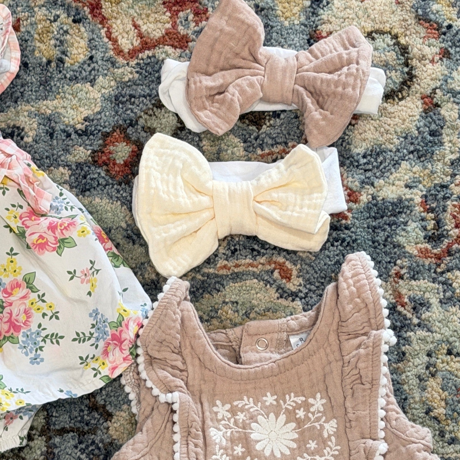 Mud Pie Baby Starters Romper Lot Girls 6-9M Floral Gingham Gauze EUC5