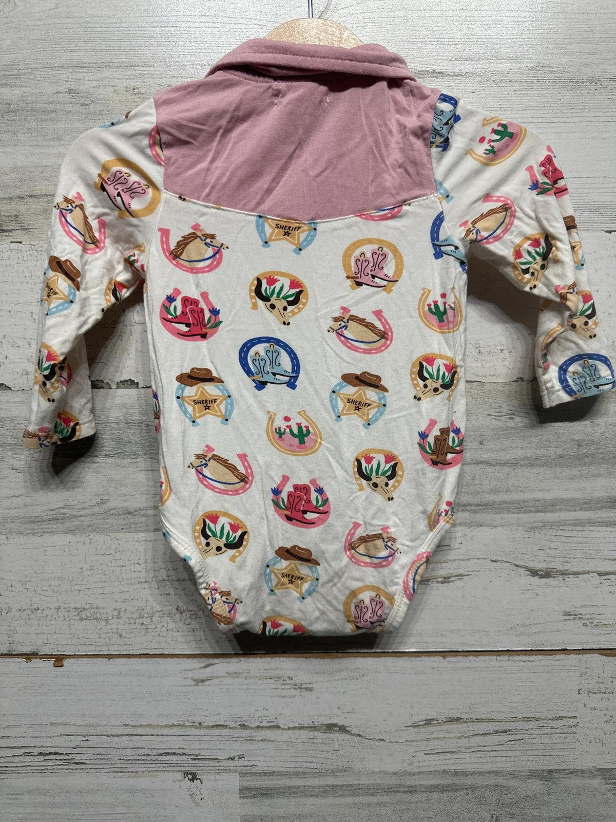 Angel Dear Western Bodysuit Baby 6-12M Pink White Cowboy Print*Flawed2